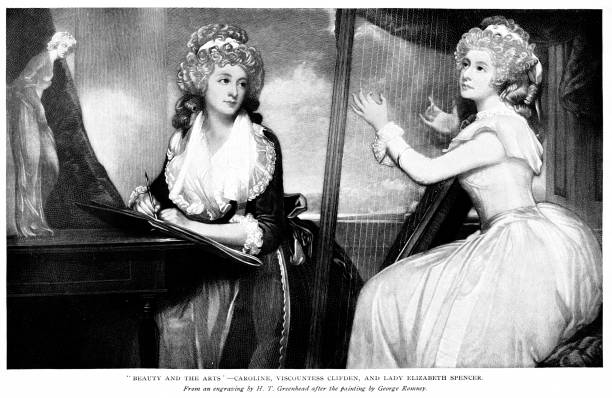 ilustraciones, imágenes clip art, dibujos animados e iconos de stock de vizcondesa caroline clifden y lady elizabeth spenser por el artista george romney, cultura británica del siglo 18 - engraving women engraved image british culture