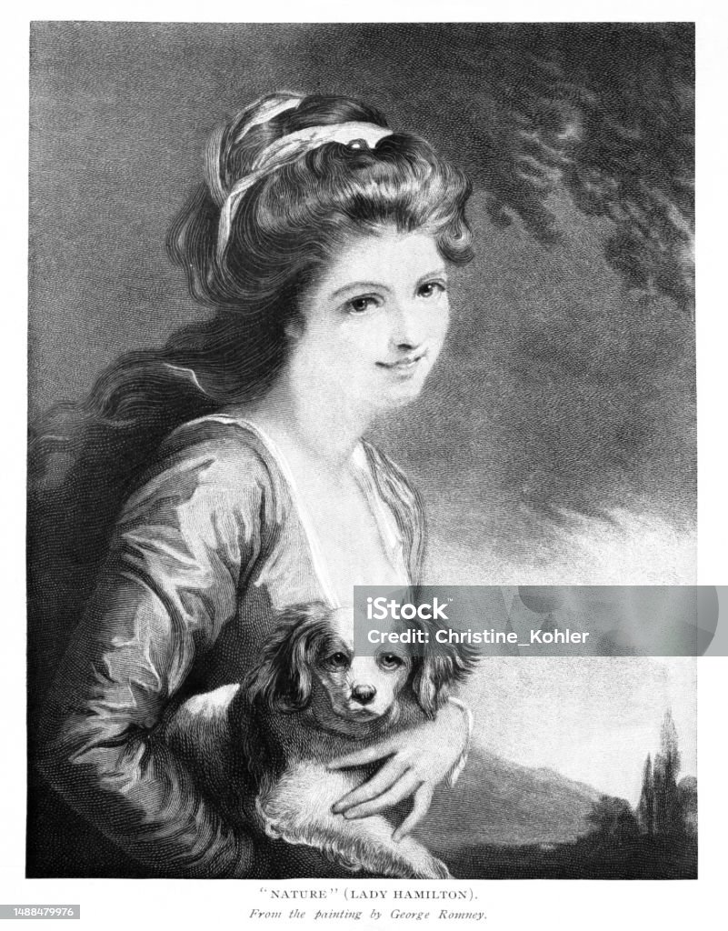 エマ・ハミルトン夫人と犬、アーティスト、ジョージ・ロムニー、18世紀のイギリス文化 - イラスト素材...