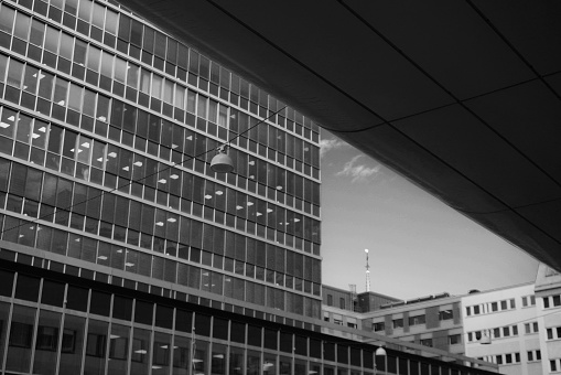 Modern buildings in a city in black and white