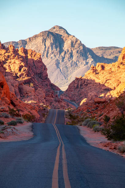 Red rock formations of the scenic desert landscape located in the Valley Of Fire State Park, Nevada, USA.