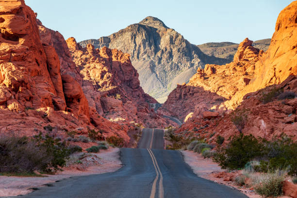 Red rock formations of the scenic desert landscape located in the Valley Of Fire State Park, Nevada, USA.