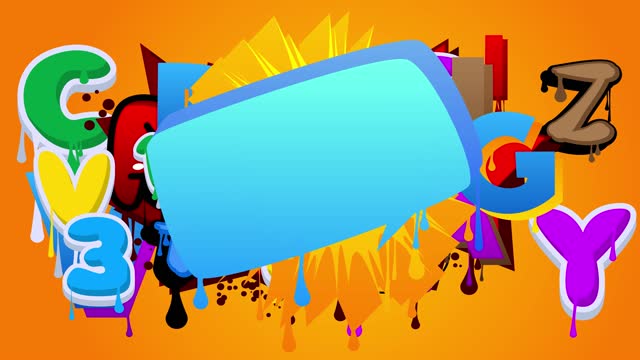 Blue Graffiti Speech Bubble on abstract colorful background animation.