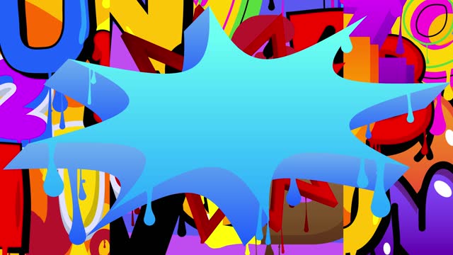 Blue Graffiti Speech Bubble on abstract colorful background animation.