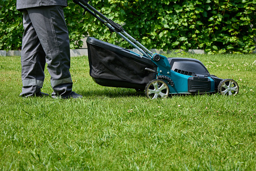 Picture of a man in overalls with a lawn mower, cutting green grass in a modern garden against a background of a green hedge. Lawn mowing machine. Professional lawn care service.