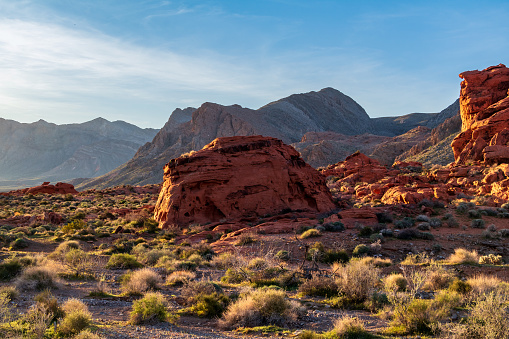 Red rock formations of the scenic desert landscape located in the Valley Of Fire State Park, Nevada, USA.