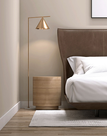 Luxury, minimal round wooden bedside table, gold floor lamp, brown leather headboard bed, with white blanket, pillow, in elegant beige wall bedroom on parquet floor for interior design, beauty, cosmetic, skincare, body care, fashion background 3D