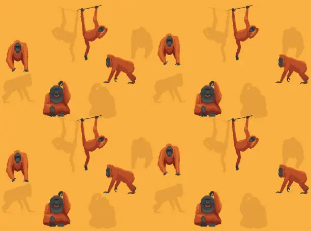 Vector illustration of Animal Primate Ape Monkey Orangutan Cartoon Poses Seamless Wallpaper Background