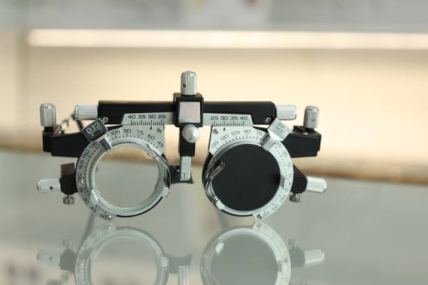istock Trial frame isolated on white blur background. Ophthalmologist tool, trial frame glasses 1488499297