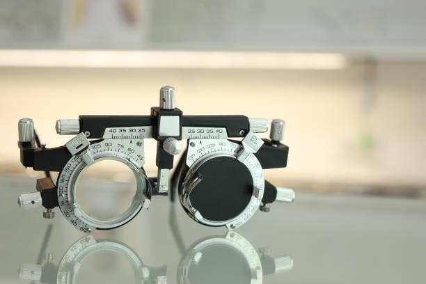 istock Trial frame isolated on white blur background. Ophthalmologist tool, trial frame glasses 1488499298