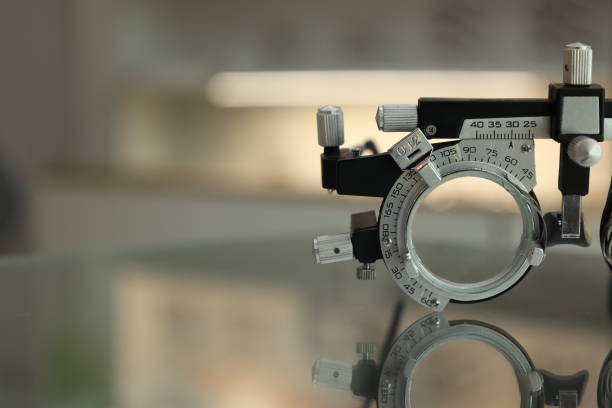 istock Trial frame isolated on white blur background. Ophthalmologist tool, trial frame glasses 1488499314