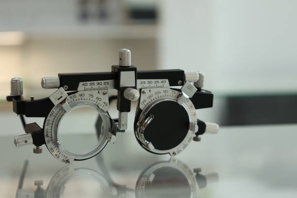 istock Trial frame isolated on white blur background. Ophthalmologist tool, trial frame glasses 1488499321