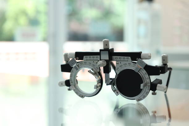 istock Trial frame isolated on white blur background. Ophthalmologist tool, trial frame glasses 1488499326