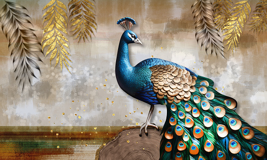 3d wallpaper. 3d colorful peacock on the stem. golden tree branches. 3d mural background. paint wall canvas poster art decoration