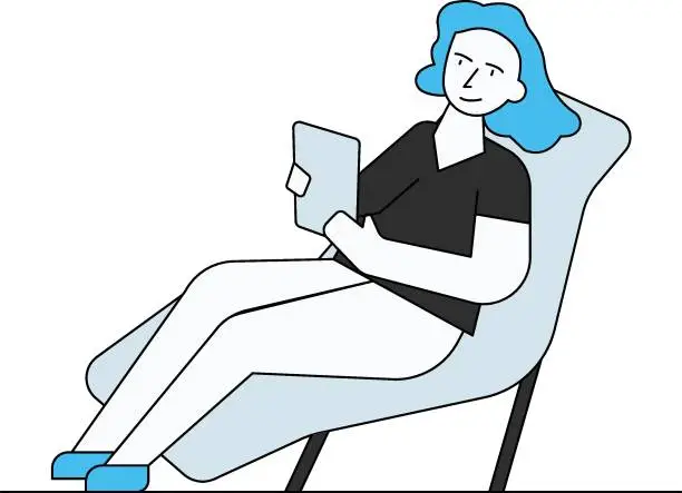 Vector illustration of The girl is using her iPad on the sofa.