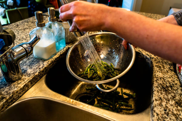 The crisp asparagus spears are being washed under cool running water in the sink, their vibrant green color glistening in the light. Ready to be cooked and enjoyed as a healthy and flavorful vegetable.