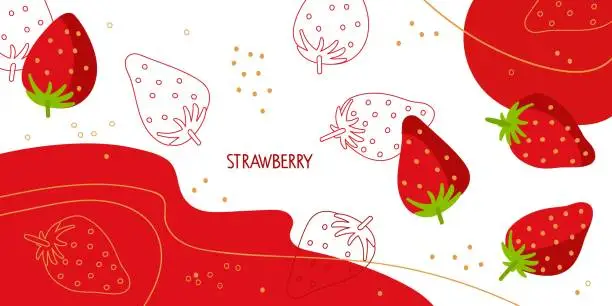 Vector illustration of Strawberry on abstract background. Fresh farm fruit for diet. Ingredients for cooking, juice. Flat design for menu, cafe, restaurant, banner, emblem, sticker, recipe design. For packing juice or jam.