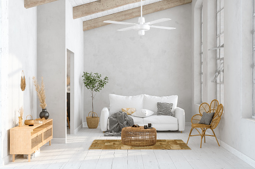 Living Room Interior With Sofa, Wicker Armchair, Coffee Table And Plant. 3D Rendering