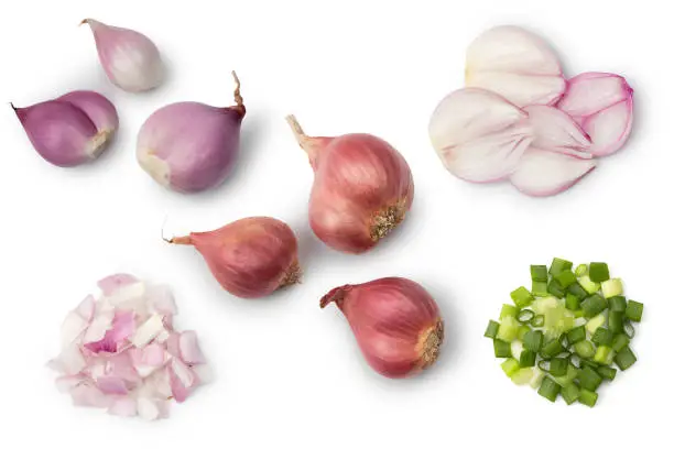 red onion with ingredients on white background