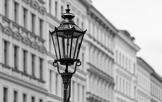 Low Angle View Of Old Street Light Against Residental Buildings, Berlin Kreuzberg
