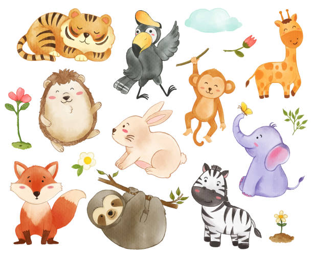 Collection of wildlife animals and plant elements . Watercolor painting cartoon character design . Vector . Collection of wildlife animals and plant elements . Watercolor painting cartoon character design . Vector . safari animals stock illustrations
