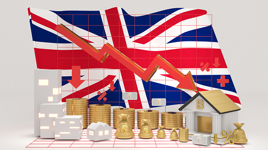 Green success graphic arrow moving up on British flag. Horizontal composition with copy space. Economy and finance concept