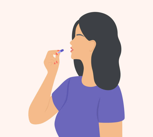 Side View Of Young Woman Taking Pill. Healthcare And Medical Treatment Concept Side View Of Young Woman Taking Pill. Healthcare And Medical Treatment Concept hormone therapy stock illustrations