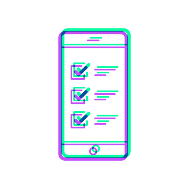 ilustraciones, imágenes clip art, dibujos animados e iconos de stock de smartphone con checklist. icono con superposición de dos colores sobre fondo blanco - check mark digital composite blue computer icon