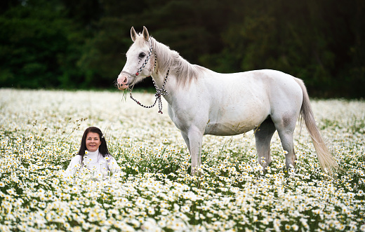 Woman sitting in a forest spring meadow full of daisy flowers, white Arabian horse next to her
