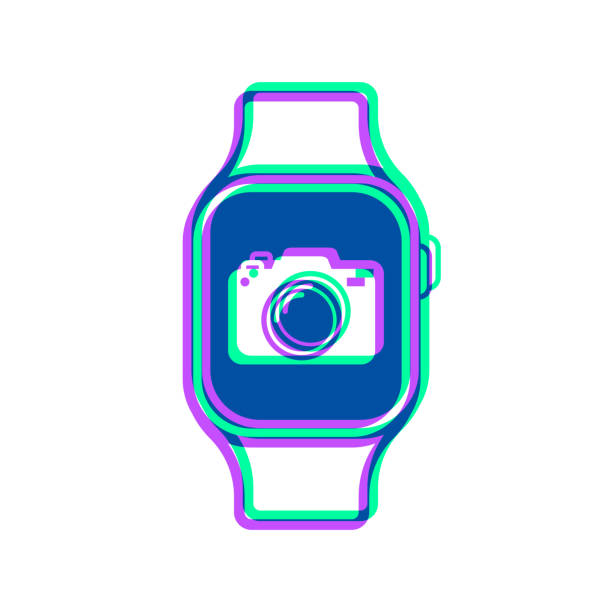 ilustrações de stock, clip art, desenhos animados e ícones de smartwatch with camera. icon with two color overlay on white background - conference call flash