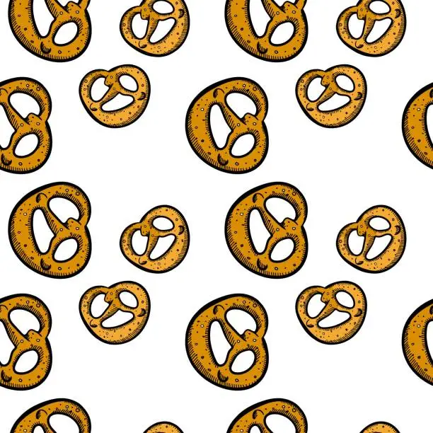 Vector illustration of Pretzel Beer Fest Seamless Pattern. Fresh organic products. Illustration hand-drawn pattern on white. Beer Fest food. Traditional beer snack. Ideal for textiles, packaging, paper printing, simple backgrounds and textures.