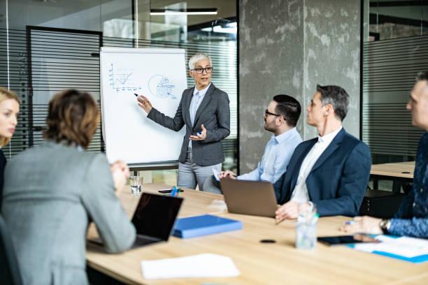 istock Mature CEO talking to her team during a presentation in the office. 1488516430