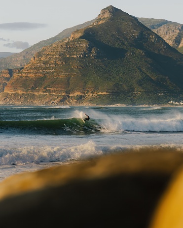 Friends discussing a day of surfing on the coastline of Western Cape Province near Cape Town, South Africa