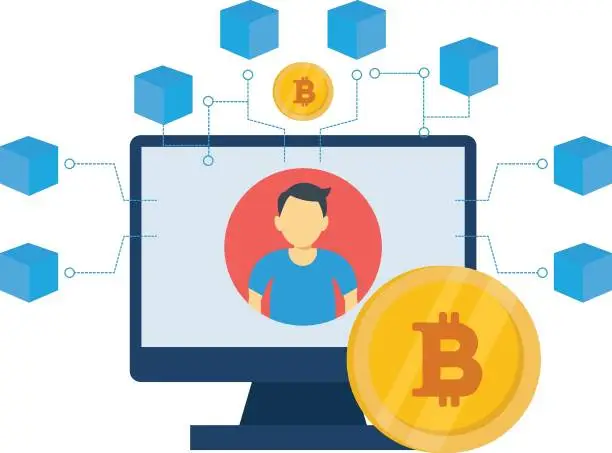 Vector illustration of The user is running a bitcoin blockchain.