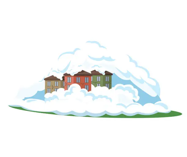 Vector illustration of Houses with snow-covered roof stand in large snowdrift. Snow avalanche in mountains, snowfall