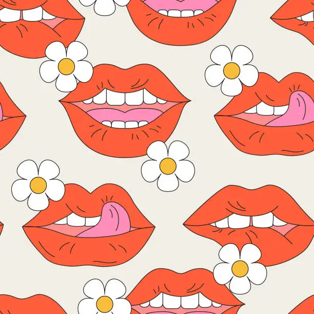 Vector illustration of Comic female lips background in pop art, psychedelic hippie retro style.