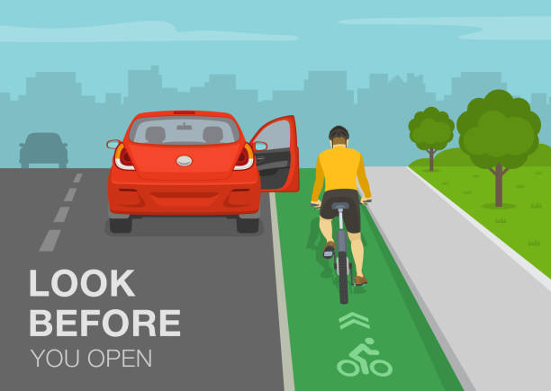 安全な自転車に乗るためのヒントとルール。自転車専用車線の危険な状況。乗客はサイクリストの前で車のドアを開けます。開く前に見てください。 - back to front rear view men people点のイラスト素材／クリップアート素材／マンガ素材／アイコン素材