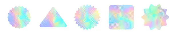 Vector illustration of Holographic iridescent stickers and hologram foil labels, vector seals with holograph pattern texture. Holographic iridescent stickers with iridescent color gradient