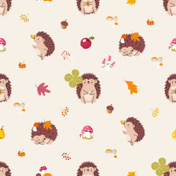 Vector illustration of Hedgehog autumn seamless pattern. Fall hedgehogs, forest cartoon fabric print. Mushroom and leaves, baby creatures. Nowaday vector texture design