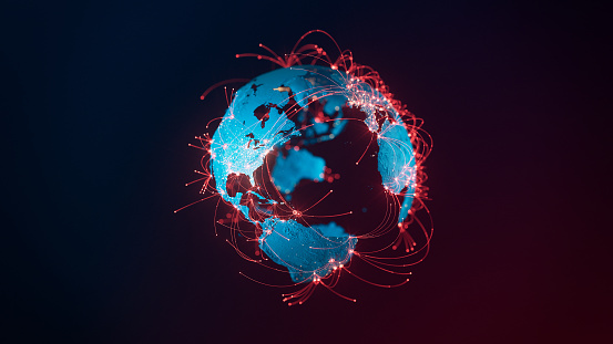 3D globe with connection lines between big cities, perfectly usable for topics related to global business networks, international flight routes or the spread of a pandemic / computer virus.
Textures courtesy of NASA:
https://visibleearth.nasa.gov/images/55167/earths-city-lights,
https://visibleearth.nasa.gov/images/73934/topography