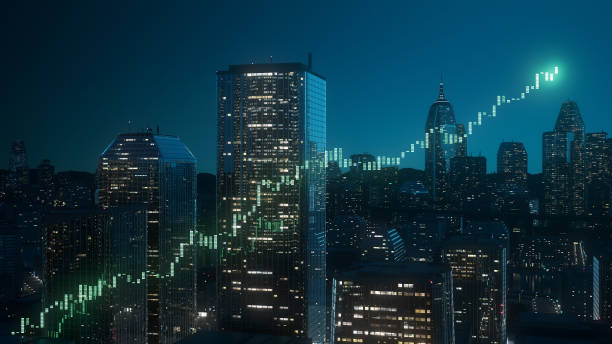 istock Stock Chart Emerging Between Skyscrapers - Boom, Prosperity, Bull Market - Financial Analysis, Trading, Investment 1488521106