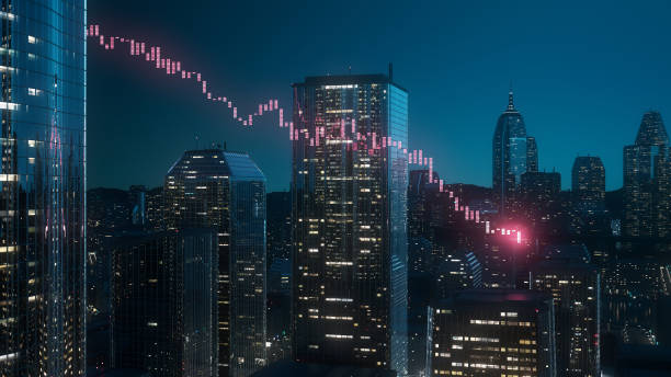 istock Stock Chart Emerging Between Skyscrapers -Recession, Bear Market, Crash - Financial Analysis, Trading, Investment 1488521108