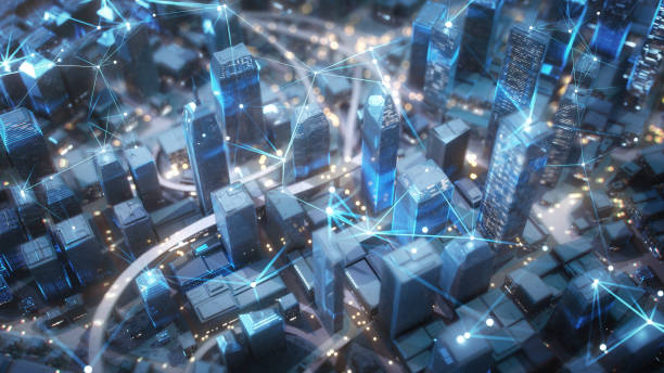 Cityscape With Glowing Connection Lines, Abstract Depiction Of Traffic - Sharing Data, Internet Of Things, Futuristic Architecture, Driverless Transport