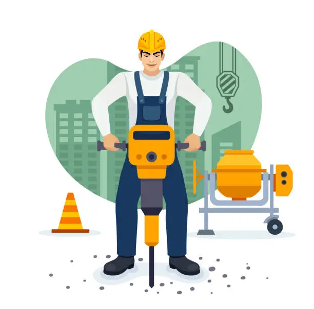 Vector illustration of Under Construction. Worker with a jackhammer working on the construction site.