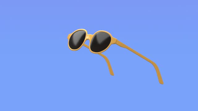 3D yellow spectacles sunglasses rotates on blue background. Business advertising