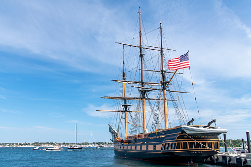 Newport, RI, USA-September 2022; View of tall ship and largest civilian sail training vessel in the US, Oliver Hazard Perry, a three-masted square-rigged vessel docked in the harbor