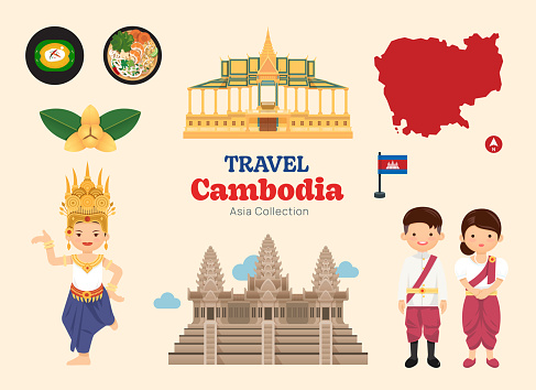 Travel Cambodia flat icons set. khmer element icon map and landmarks symbols and objects collection. Vector Illustration