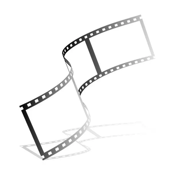 Vector illustration of Winding film ribbon. Narrow strip of 35 mm tape. Classic film for cameras and movie cameras. Movie festival design element. 3d Vector isolated on white back