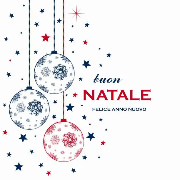 Vector illustration of Christmas baubles vector with snowflakes and christmas greetings in italian language on white background.
