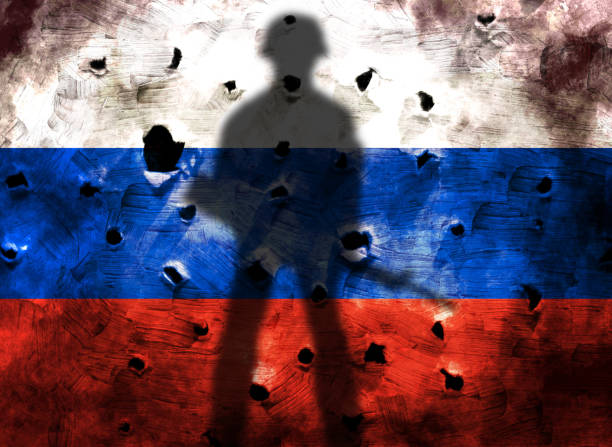 istock Multiple exposure of Russian flag. Basemap or background use. Double exposure creative hologram of Russian flag. 1488523918