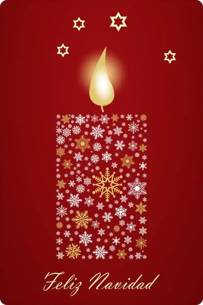 Vector illustration of Feliz Navidad candle vector with snowflakes, stars and spanish greetings.